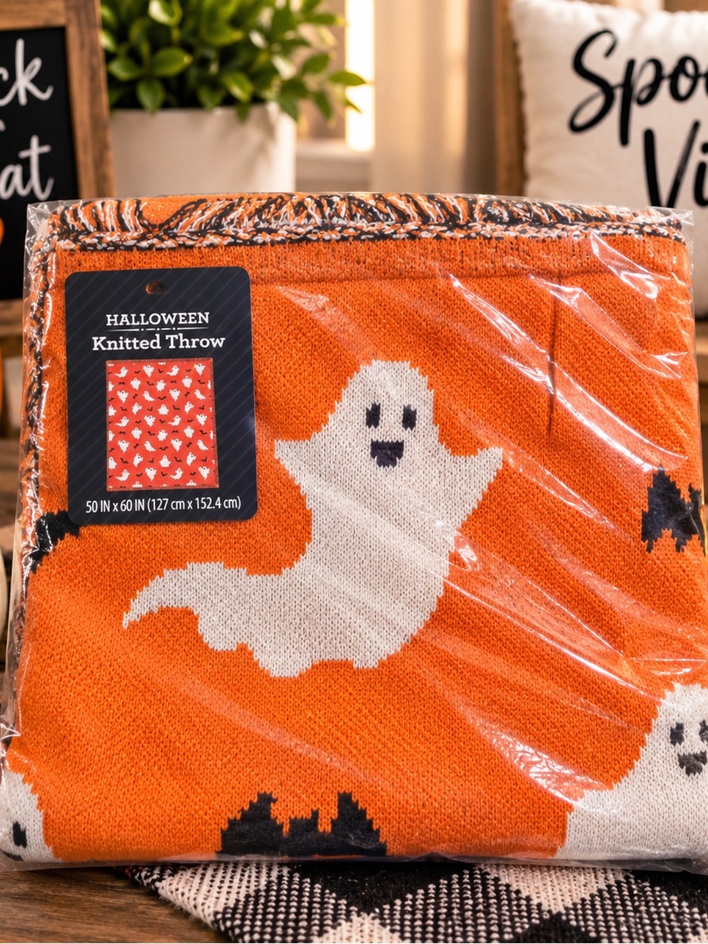 Celebrate! Halloween Knitted Throw Blanket Ghosts & Bats Orange 50x60 NEW